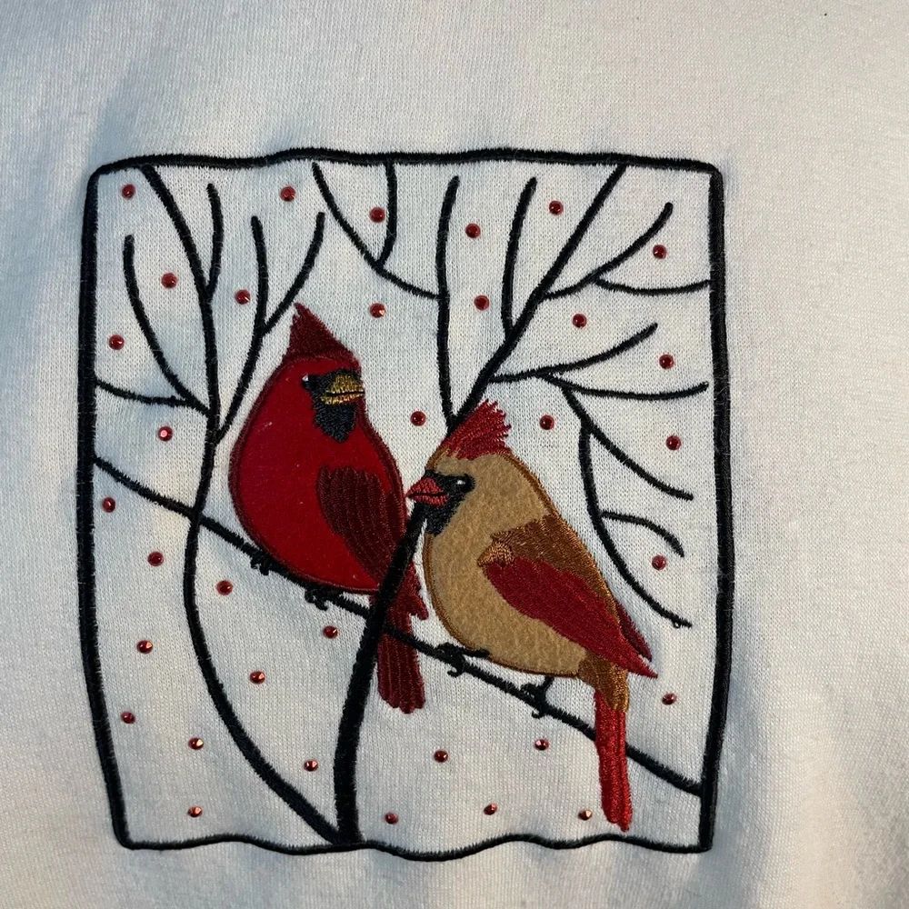 Vintage Cottagecore Whimsical Aesthetic Embroidered Cardinal Pullover Sweatshirt - Picture 8 of 10